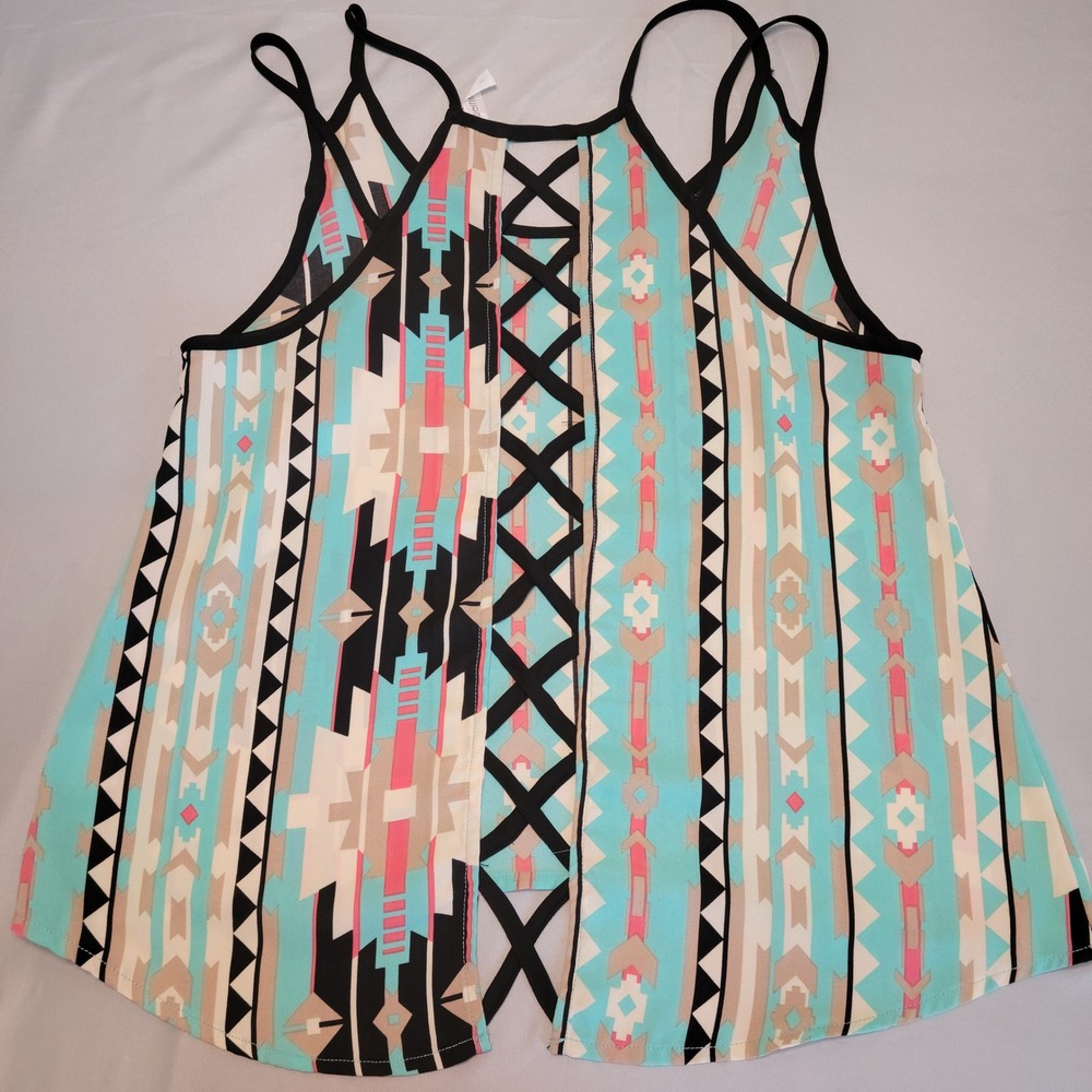 On Twelfth Tank Top Womens Medium Turquoise‎ Geometric Tribal Strappy Back Aztec